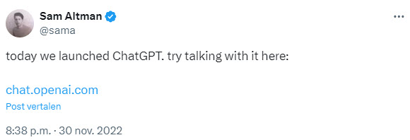 Tweet from Sam Altman announcing the launch of ChatGPT, encouraging users to try it out with a link to the website. The tweet includes the date and time of the post: 30 November 2022 at 8:38 p.m.