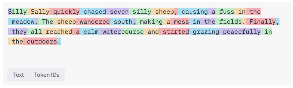 A digital interface displaying a whimsical children's narrative about "Silly Sally" and her adventures with seven mischievous sheep. The text is color-coded with highlighted segments in various pastel shades, possibly indicating parts of speech or tokenization for an AI or educational tool. Below the text, there are options labeled "Text" and "Token IDs," suggesting features for analyzing the structure or components of the narrative. The overall feel is playful and interactive, aimed at engaging users in learning or exploration.