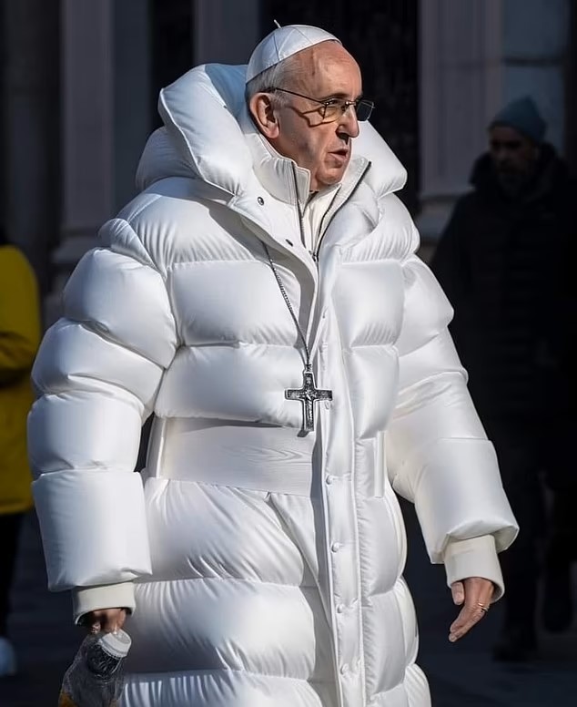 Image of Pope Francis walking in a puffy white coat, wearing glasses and a small white zucchetto. A cross pendant hangs around his neck, and he is outdoors among other people in winter clothing.