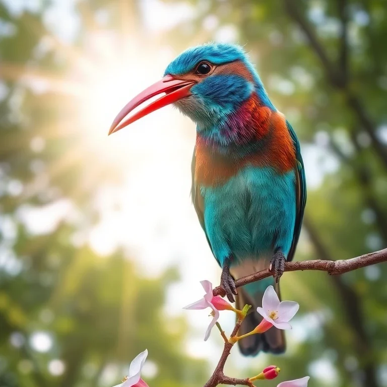 Een kleurrijke vogel zit op een tak met bloeiende bloemen. De vogel heeft een helderblauwe en oranje kleur en heeft een lange, scherpe rode snavel. Op de achtergrond is een zonnestraal zichtbaar die door de bomen schijnt, wat een warme, natuurlijke sfeer oproept.