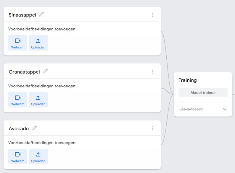 Screenshot van een applicatie met drie secties voor het toevoegen van voorbeeldafbeeldingen: "Sinaasappel," "Granaatappel," en "Avocado." Onder elke sectie staan knoppen om afbeeldingen toe te voegen via een webcam of om bestanden te uploaden. Aan de rechterkant is er een paneel voor "Training," met de optie om een model te trainen en een vervolgkeuzemenu voor geavanceerde instellingen. De interface heeft een eenvoudige en overzichtelijke opmaak.